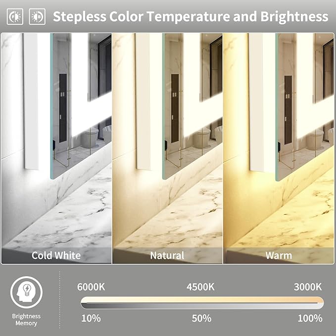 LED Mirror for Bathroom, 57x36 Inch Backlit + Front Lighted Bathroom Vanity Mirror with Lights for Wall, Double Light Strips, 3 Colors, Shatter-Proof, Anti-Fog and Brightness Memory