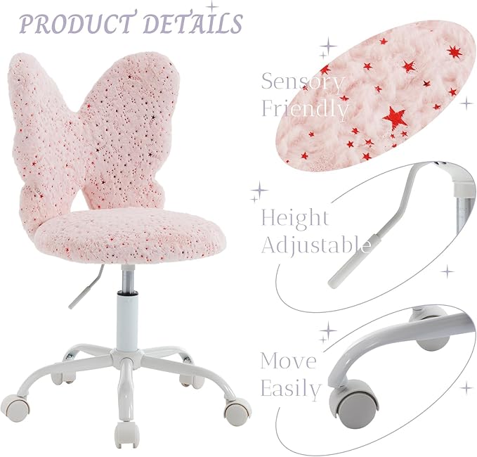 Cute Fuzzy Kids Chair for Teenage Girls Rolling Study Desk Student Chair Furry Computer Task Chair, Adjustable Butterfly Shaped Reading Vanity Chair for Bedroom, Pink
