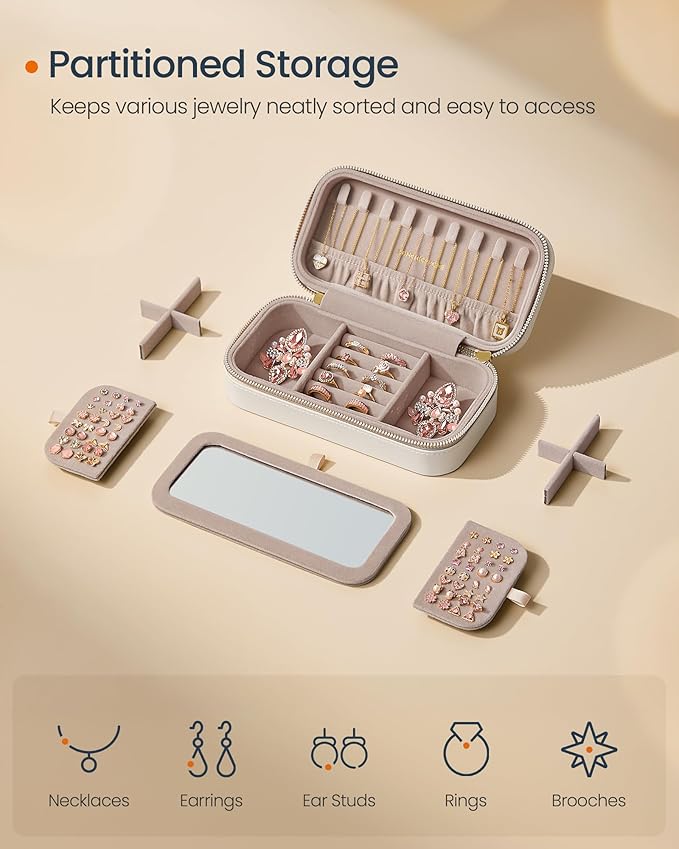 SONGMICS HOME Travel Jewelry Case, Small Jewelry Box Organizer with Mirror, 4.1 x 8 x 2.4 Inches, PU Surface with Stitching, Portable, Cloud White, ANAH Collection UJBC180W01