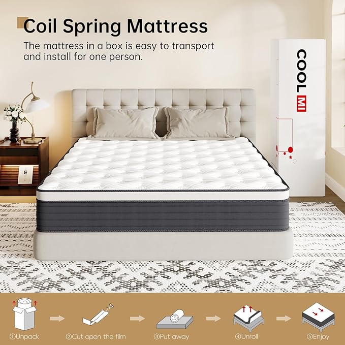 COOLMI 12 Inch Twin Hybrid Mattress, Memory Foam and Independent Spring, Soft and Comfortable Medium Firm Mattress, Pressure Relief, CertiPUR-US Certified