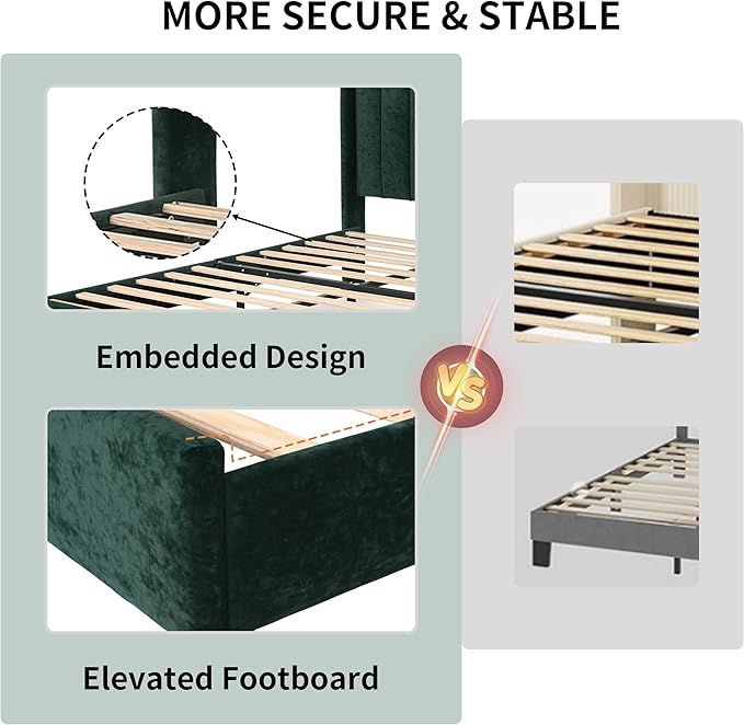 Queen Size Upholstered Platform Bed Frame with Modern Wingback & Vertical Panel Headboard, Velvet Fabric, Wooden Legs & Slats Support, No Box Spring Needed, Noise-Free & Easy Assembly, Ink Green