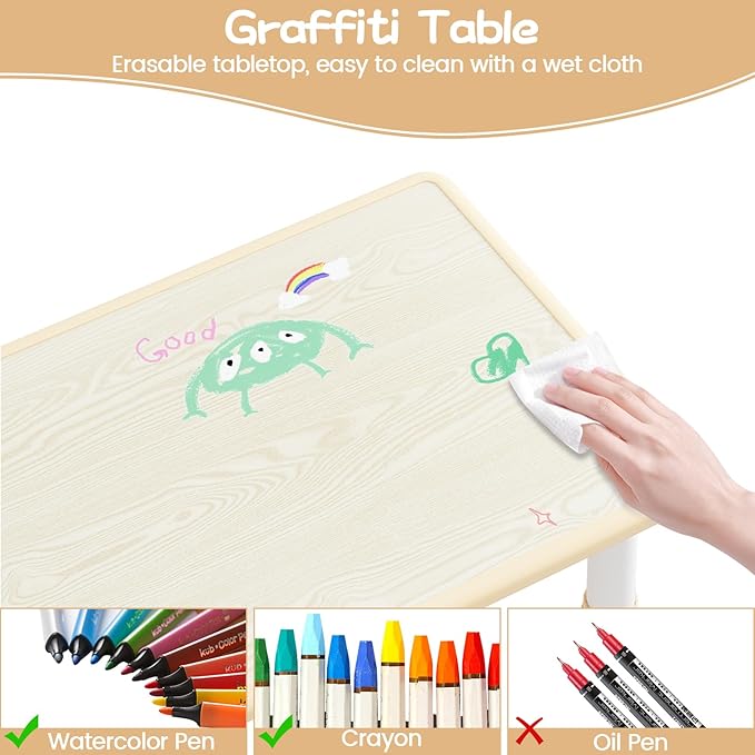 GAOMON Kids Table and 4 Chairs Set with Graffiti Desktop, Height Adjustable Toddler Table and Chairs Set for Reading, Drawing, Playing, Eating