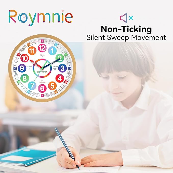 Learning Clock for Kids Telling Time Silent Non Ticking Battery Operated Colorful Teaching Time Clock Decorative for Kids Room Classroom School Playroom (10 Inch)