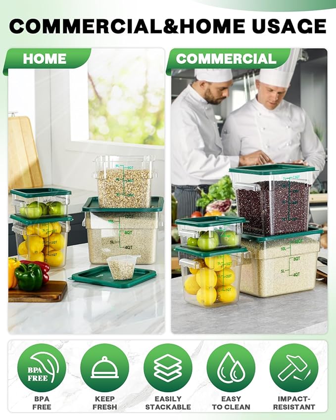 2QT NSF Food Storage Containers: 6 PCS [Food Grade][Hot&Cold Resistant] Commercial Clear Square Food Storage Containers with Scales Handles for Home Restaurant Kitchen Proof Dough(BPA FREE-GREEN)