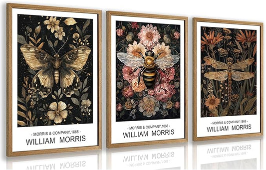 Cyebmo William Morris Wall Art, Vintage Floral Wall Decor, Dark Botanical Art Prints, Butterfly Bee Dragonfly Nature Artwork for Living Room Bedroom Bathroom Wood Framed Ready to Hang 12"x16"x3