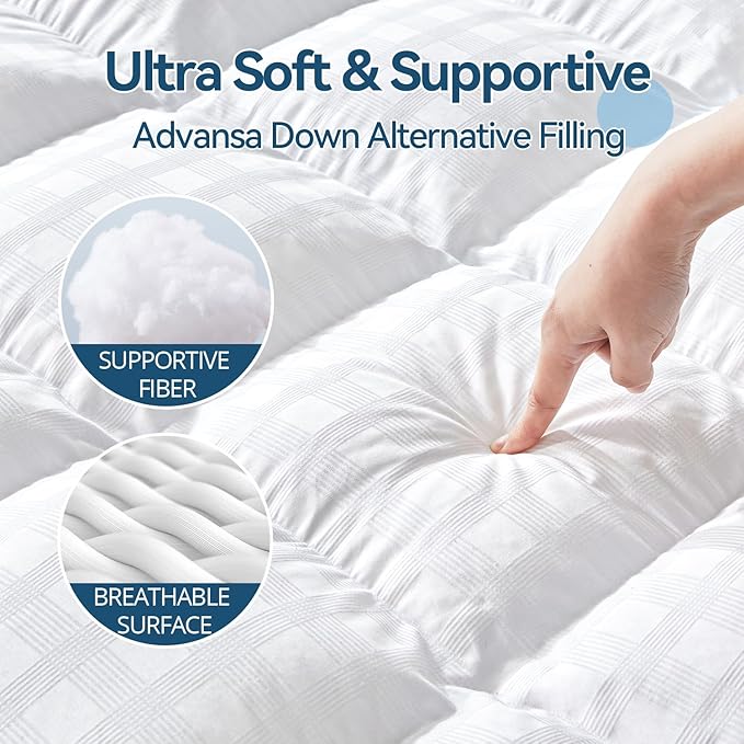 ABENE Mattress Topper for Back Pain Relief, Extra Thick Mattress Pad Pillowtop, Soft Cotton Cover with 8"-21" Deep Pocket, 1300gsm Overfilled Down Alternative Filling (Cotton White, King)