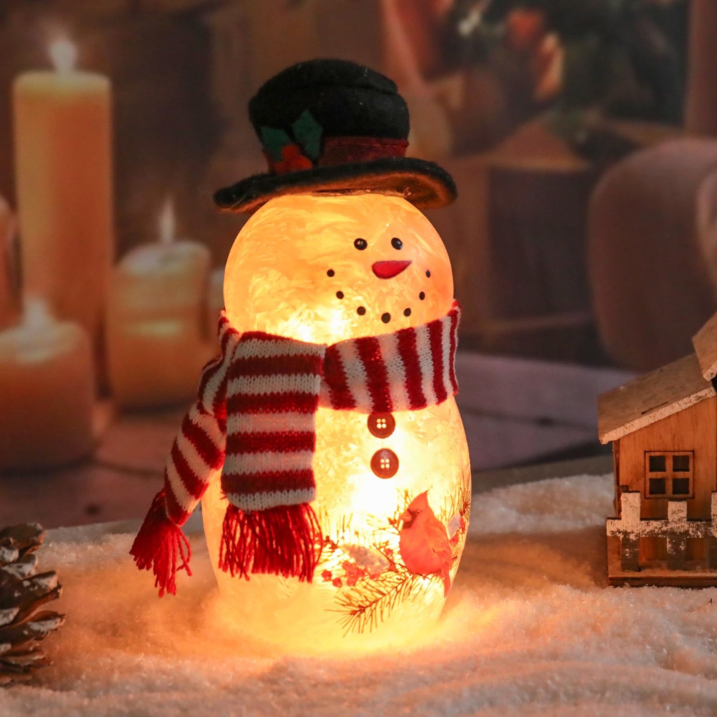VCUTEKA Crackle Glass Snowman Lamp, Lighted Stained Glass Christmas Decoration with Red Cardinals, Scarf and Hat, LED Holiday Night Light for Xmas Home Décor or Gift