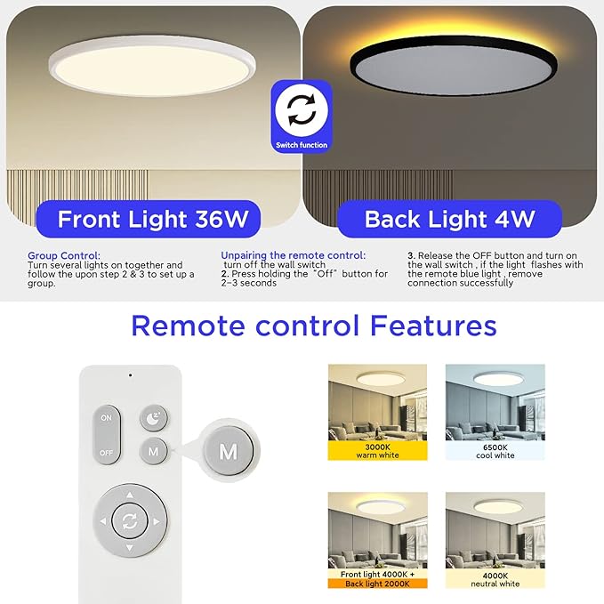 ocioc 18inch Flush Mount Ceiling Light Fixture with Remote Control, 40W, 2000K Nightlight, 3000K-6500K Color Changeable, LED Ceiling Light for Living Room/Bedroom/Kitchen White