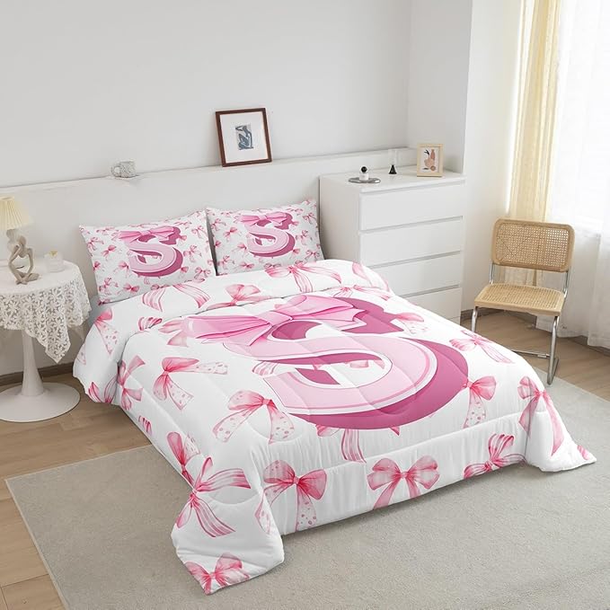 jejeloiu Kids Girls Cute Pink Bow Comforter Set King Size Monogrammed Bedding Set Ultra Soft Personalized Initial S Duvet Quilt Coquette Bow Knot Quilt Set Room Decor Modern Fashion Comforter