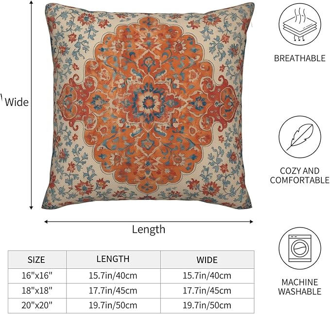 Burnt Orange Blue Boho Pillow Covers 18x18 Inch Set of 2, Vintage Ethnic Carpet Rust Floral Decorative Throw Pillow Cases Fall Outdoor Rustic Cushion Covers Home Decor for Living Room Sofa Couch Bed