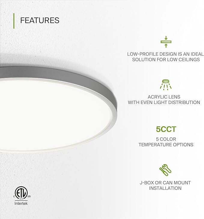ASD LED 12" Round Flush Mount Ceiling Light Fixture, Low Profile Surface Lighting | 5CCT, Dimmable, Ultra-Thin, ETL Listed | 24W 1900LM 2700-6000K 120V | Kitchen, Hallway Lamp | Nickel, 12 Pack