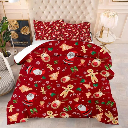 Red Christmas Comforter Set Twin for Girls, Cartoon Santa Claus Christmas Tree Gingerbread Man Printed Bedding Set, Cute Xmas Bed Set with 1 Comforter and 1 Pillowcase