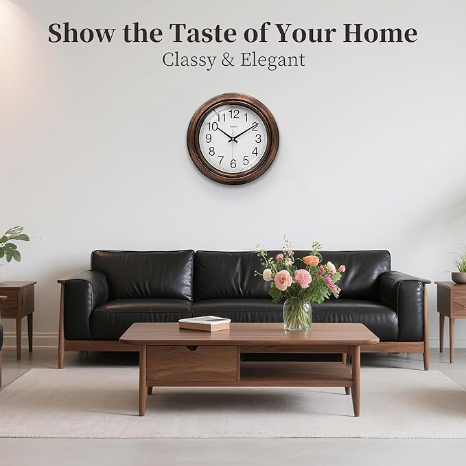 TAHEAT Vintage Gold Copper Wall Clock, Silent Non Ticking Battery Operated Round Wall Clock Decorative for Kitchen Living Room Bedroom Office, 10 Inch