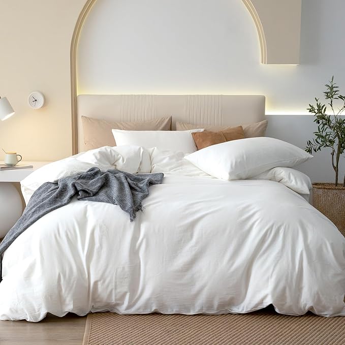 JIYUAN 100% Washed Cotton Duvet Cover Set 3 Pieces Queen, 1 Duvet Cover 90x90 Inches(Comforter Not Included) and 2 Pillowcases,Linen Feel Bedding Set Comfy and Breathable,Bright White