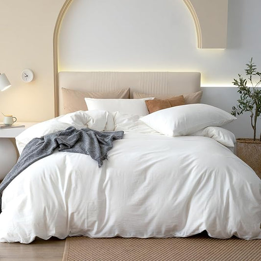 JIYUAN 100% Washed Cotton Duvet Cover Set 2 Pieces Twin, 1 Duvet Cover 68x90 Inches(Comforter Not Included) and 2 Pillowcases,Linen Feel Bedding Set Comfy and Breathable,Bright White