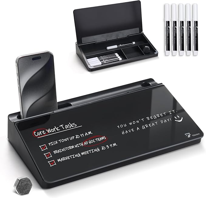 TOWON Small Compact Glass Desktop Whiteboard with Storage – 12 x 7 in Dry Erase Board for Desk, Home Office, School | Includes 5 Markers, Eraser & Holder | Space-Saving Organizer, Aesthetic Black