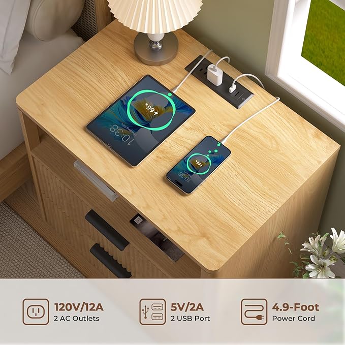 Hommpa 24'' Fluted Nightstand Set of 2 with Charging Station, Modern Bedside Table with Storage, 2 Drawer Beside End Table with Open Shelf, Mid Century Modern Wood Night Stand for Bedroom, Living Room