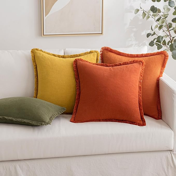 MIULEE Fall Decorative Throw Pillow Covers Neutral Linen Fringe Throw Pillows Set of 2 Burnt Orange Boho Farmhouse Cushion Covers with Tassels for Couch Sofa Bed Living Room Home Decor 22x22 Inch
