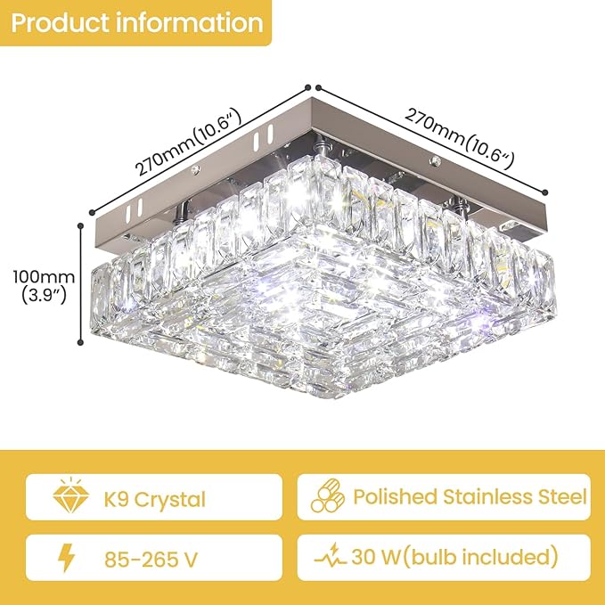 FRIXCHUR 10.6" Modern Crystal Chandeliers Square Crystal Ceiling Light LED Chandelier with Remote Control Mini Bedroom Flush Mount Ceiling Lights Fixture for Kitchen Hallway Dining Room (Dimmable)