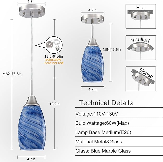 Mini Glass Pendant Light 1Pack Dark Blue Marble Art Glass Pendant Lights Kitchen Island Brushed Nickel Finish Hanging Light for Kitchen Over Sink,Dining Room,Foyer,Hallway