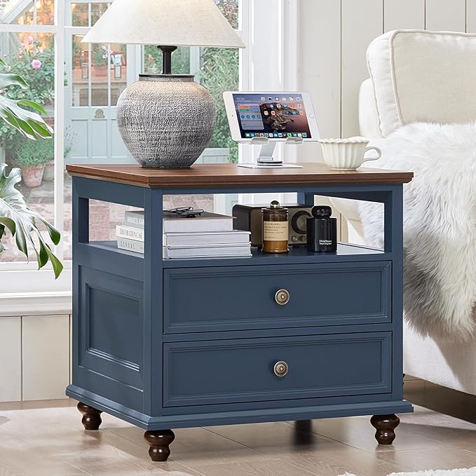 24" Wide Farmhouse Night Stand Set of 2,Large End Table with 2 Drawers & Metal Handle,Blue Wood Dresser for Bedroom, Bed Side Table Chest of Drawers Cabinet, Nightstand for Living Room,Closet