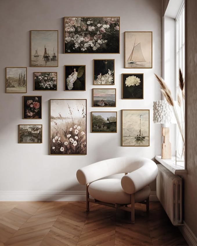 InSimSea Framed Wall Art for Living Room Landscape Canvas Wall Decor Meadow with Flowers Vintage Paintings Classical Wildflower Field Scene Boho Floral Pictures Decor for Bathroom Bedroom 16x24in