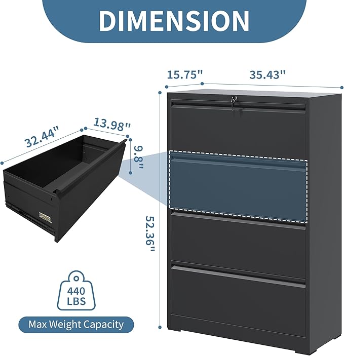 AQY 4 Drawer File Cabinet with Lock,Metal Lateral File Cabinets for Home Office,Steel Wide Filing Organization Storage Cabinets for Hanging Files Letter/Legal/F4/A4 Size Assembly Required(Black)