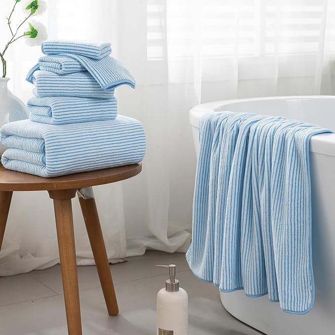4 Piece Bath Towel Set 35"x70"Oversized Bath Towel for Bathroom Ultra Soft Fluffy Extra Large Bath Sheet Luxury Premium Bathroom Towel Highly Absorbent Quick Dry Shower Towel for Hotel Spa,Blue White