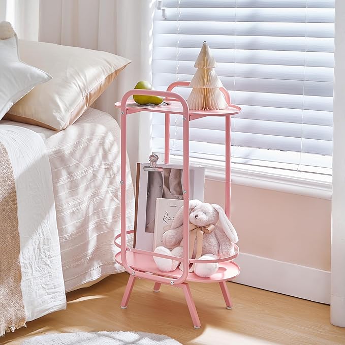 HOOBRO Pink Side Table, 2 Tier Oval End Table with Tray Storage, Small Cute Kids Nightstand for Living Room, Bedroom, Dorm PK184BZ01