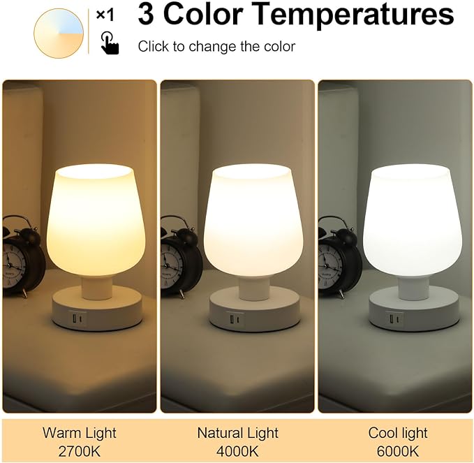 Touch Bedside Table Lamp with USB A+C Ports, Dimmable Small Table Lamp for Bedroom with White Opal Glass Lamp Shade and LED Bulb, Modern Nightstand Lamps, Desk Lamp with Plug for Living Room