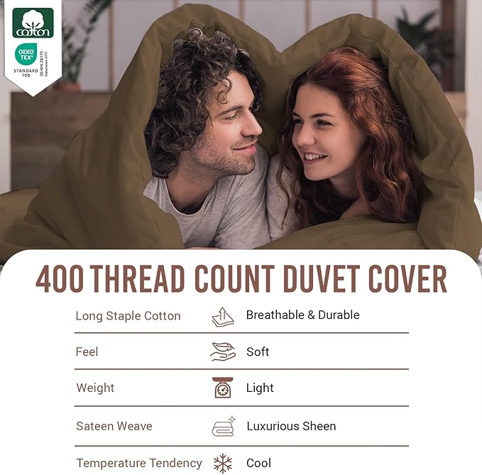 Pizuna Pure 100% Cotton Full Duvet Cover Set, Luxurious 400 Thread Count Long Staple Cotton Sateen Weave with Button Closure (Combed Woody Brown Cotton Duvet Cover Full)