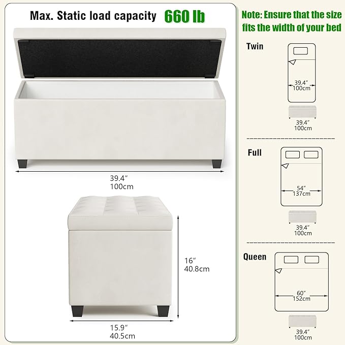 GiftGo Storage Ottoman Bench Foot Rest with Legs End of Bed Bench, Storage Chest, Load up to 660 lb, for Living Room, Bedroom, Entryway (White)