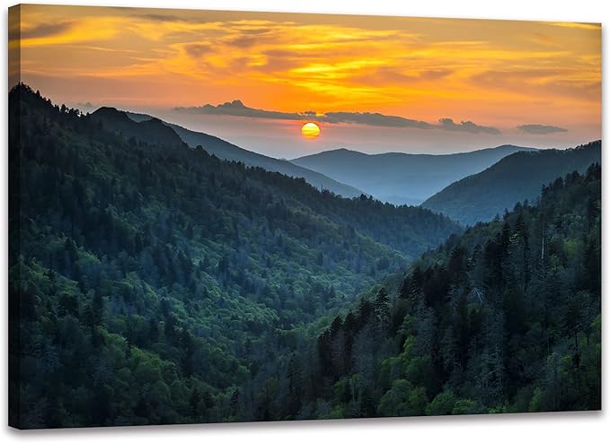 Forest Sunrise Wall Art Decor Great Smoky Mountains Photo Prints National Park Landscape Canvas Painting Artwork Framed for Bedroom Living Room (24x36 inch)