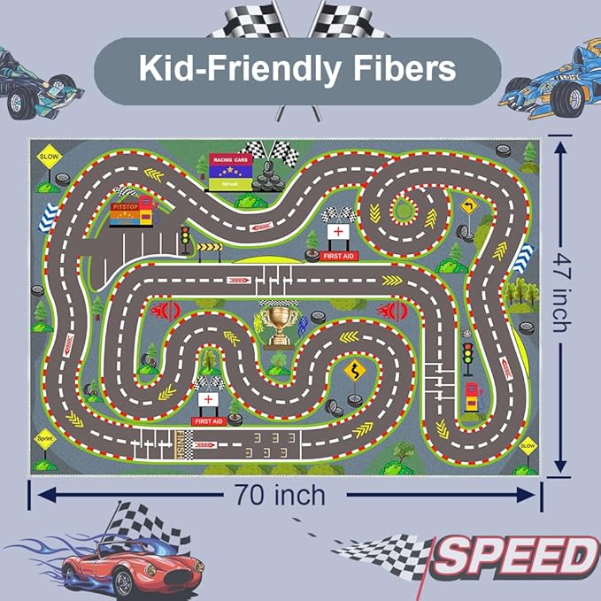 Kids Rug, Race Track Playmat Rugs 70×47 in Kids Carpet with Rubber Backing, Start and Finish line Racing Track Marking Car Road Race 3D Play Mat Nursery Rugs for Children Bedroom Playroom