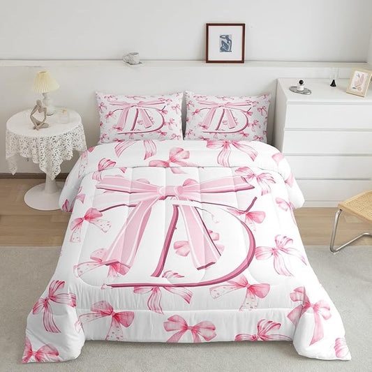 jejeloiu Kids Girls Cute Pink Bow Comforter Set Toddler Size Monogrammed Bedding Set Ultra Soft Personalized Initial D Duvet Quilt Coquette Bow Knot Quilt Set Room Decor Modern Fashion Comforter