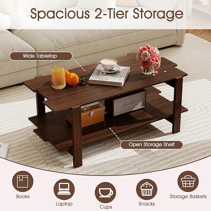 GOFLAME Wood Coffee Table with Storage, 2-Tier Irregular Center Table with Open Storage Shelf, Modern Accent Tea Table for Living Room, Home Office, Reception Room (Walnut)