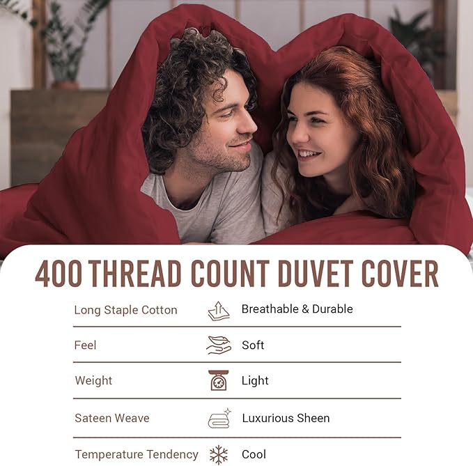 Pizuna Pure 100% Cotton Queen Duvet Cover Set, Luxurious 400 Thread Count Long Staple Cotton Sateen Weave with Button Closure (Combed Rio Red Cotton Duvet Cover Queen)