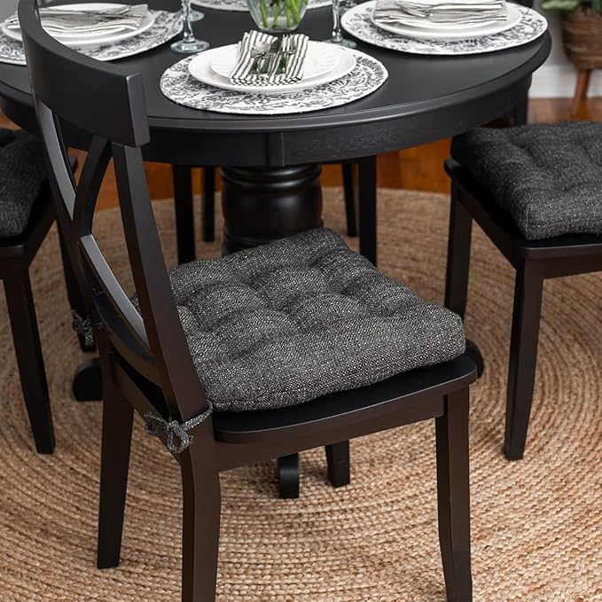 Barnett Home Decor Brisbane Charcoal Dining Chair Cushions with Ties - 15 x 17 Size Small Chair Pad - Latex Foam Fill, Reversible - Made in USA (Dark Gray Black/Small)