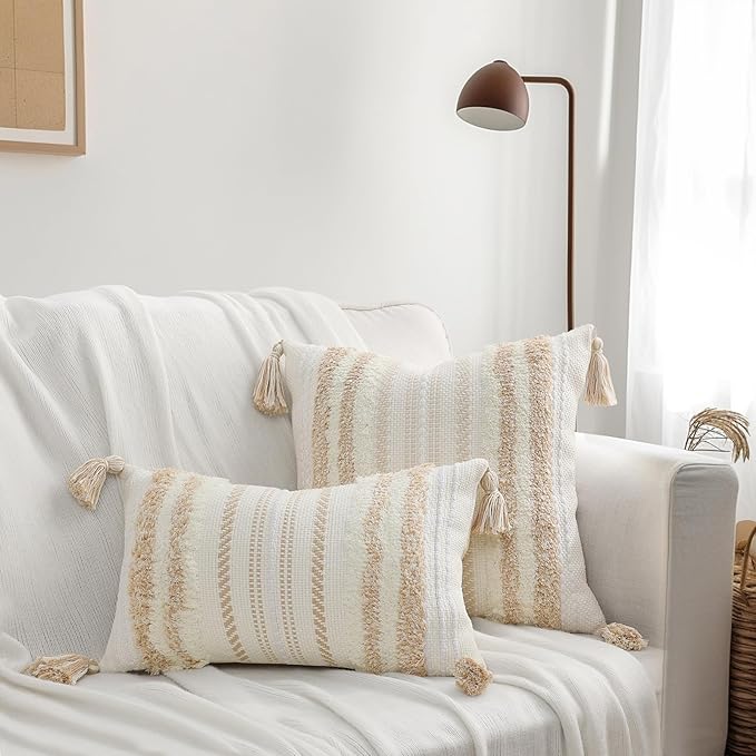 decorUhome Decorative Boho Throw Pillow Cover 20x20, Accent Neutral Textured Tufted Pillow Cover Striped for Couch Bed Sofa, Khaki and Cream White, Pack of 1