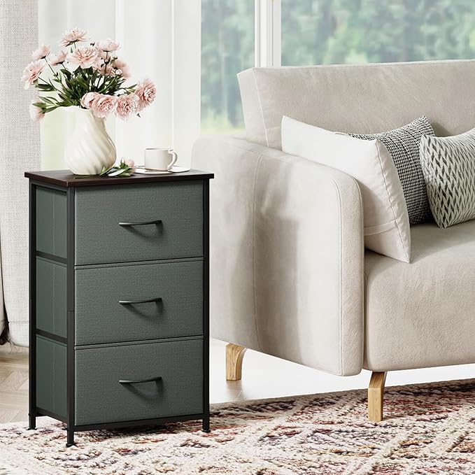 Somdot Small Dresser for Bedroom with 3 Drawers, Nightstand Storage Chest of Drawers with Removable Fabric Bins for Closet Bedside Living Room Laundry Entryway Hallway, Charcoal Grey