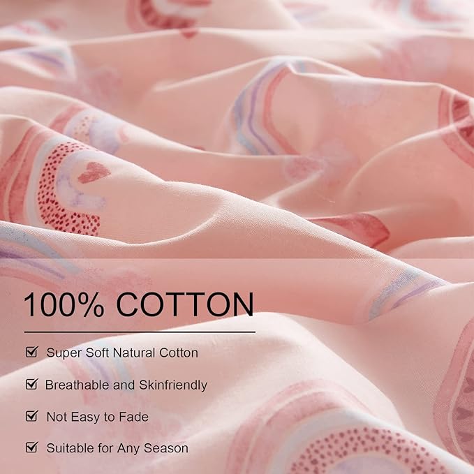 Ivellow Queen Duvet Cover Set 100% Cotton Rainbow Pink Kids Duvet Cover for Girls Cute Kawaii Bedding Set 3 Pcs Ultra Soft Breathable Toddler Teen Duvet Cover Patterned Cartoon Comforter Cover Bed Set