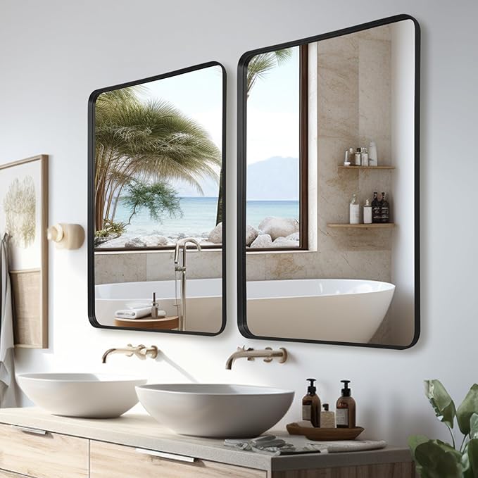 Wall Mirror 30" x 48" for Bathroom Black Metal Deep Frame Mirror for Wall Decorative Rectangular Round Corner Wall Mounted Vanity Mirror for Bedroom Living Room Entryway Wall Decor