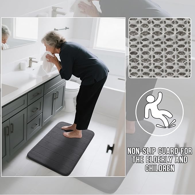 Yimobra Memory Foam Bath Mat, Super Soft Absorbent Bathroom Rug Non Slip 24x17 Inch, Quick Dry, Machine Washable Floor Carpet for Tub Shower, Home Decor Accessories, Dark Gray