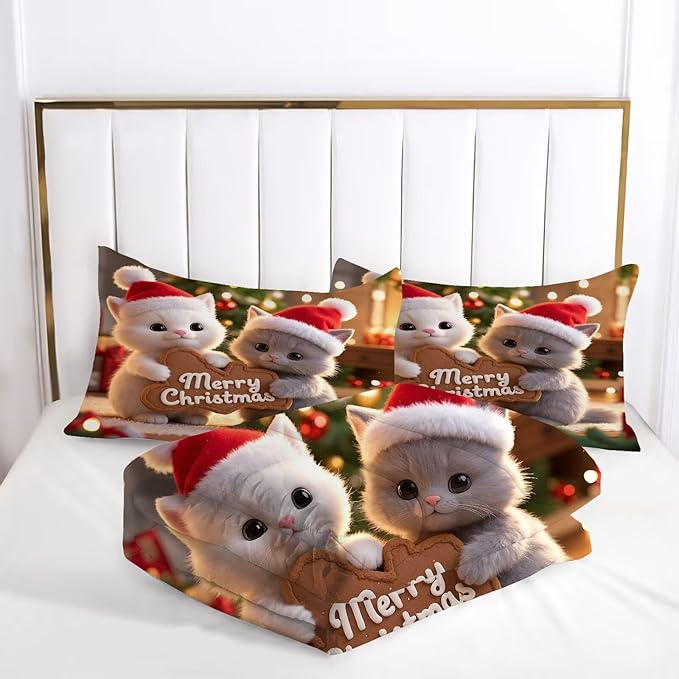Kids Christmas Comforter Set King Size, Merry Christmas Cat Print Bedding Set for Girls Boys Women and Men, Xmas Bed Set with 1 Comforter and 2 Pillowcases