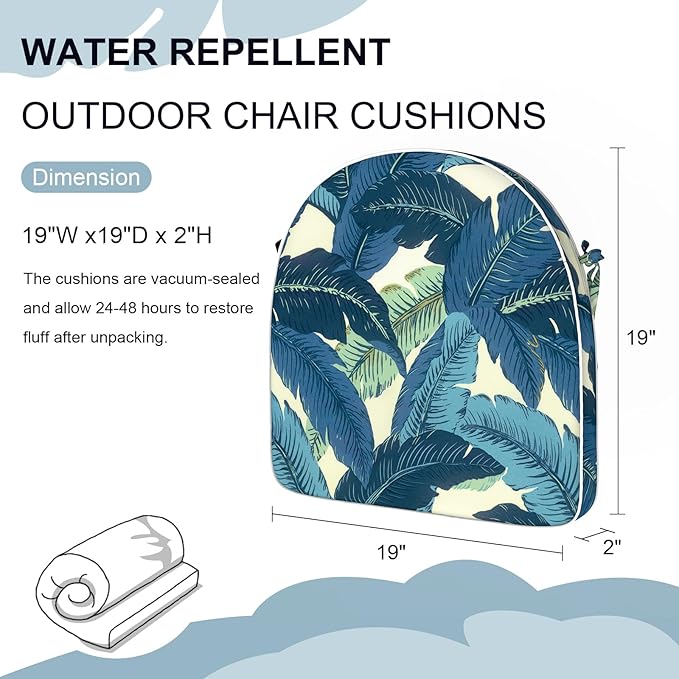 Set of 4 Outdoor Chair Cushions 19"x19"x2",Water Repellent Patio Seat Cushion with Ties and Removable Covers,Dining Chair Cushions for Indoor Kitchen and Patio Furniture,Swaying Palms Blue