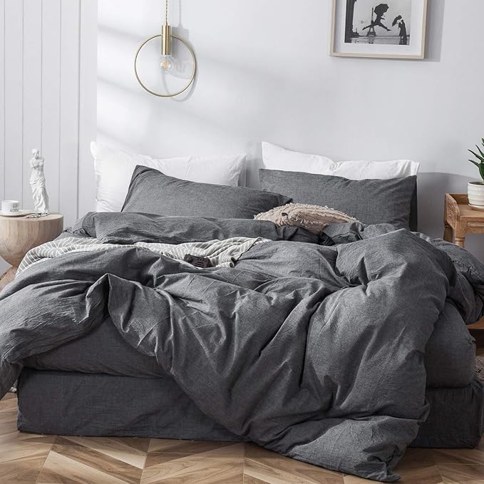 MooMee Bedding Duvet Cover Set 100% Washed Cotton Linen Like Textured Breathable Durable Soft Comfy (Heathered Dark Grey, Full 80"x90")