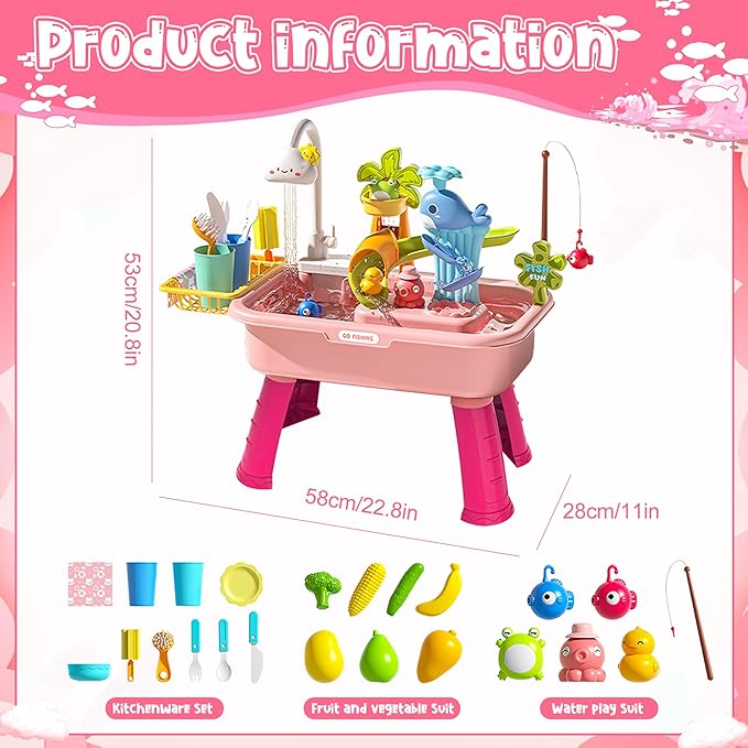 Water Table for Toddlers 1-3, Water Table for Kids Ages 4-8 with Pump, Play Sink with Running Water, Kitchen Sink for Toddlers, Fishing Game and Outside Sensory Toys (Pink)