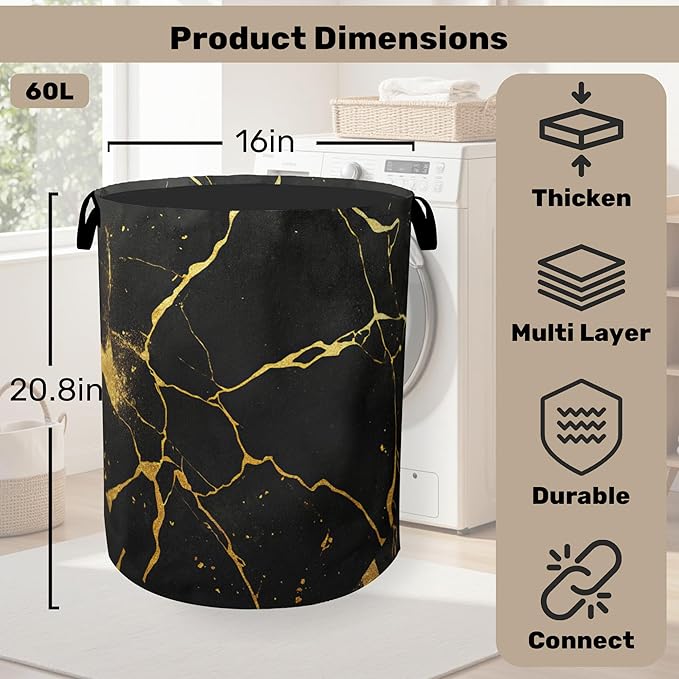 Black Marble Foldable Laundry Hamper - Waterproof Fabric Storage Basket with Handles, Clothes Hampers for Laundry,Bedroom,Dorm