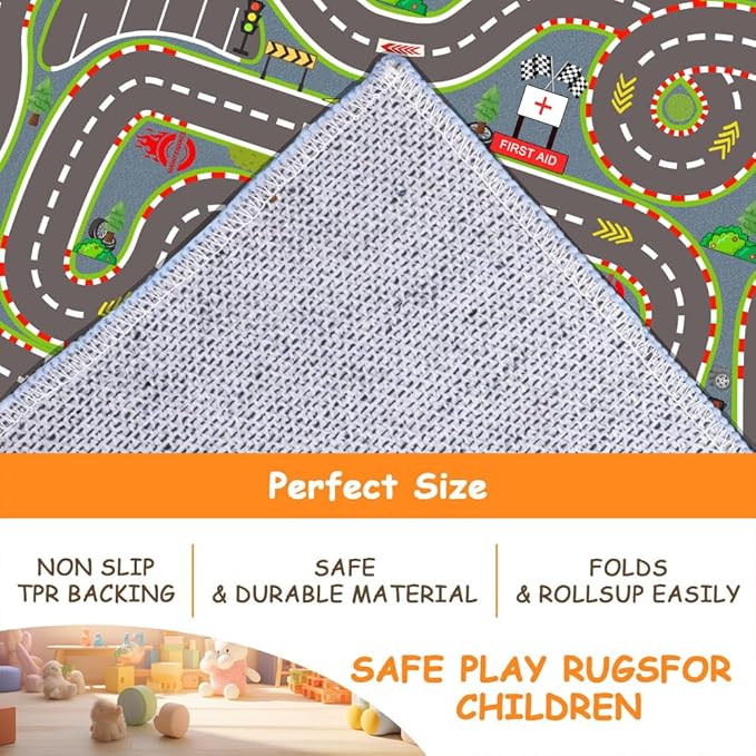 Kids Rug, Race Track Playmat Rugs 94×63 in Kids Carpet with Rubber Backing, Start and Finish line Racing Track Marking Car Road Race 3D Play Mat Nursery Rugs for Children Bedroom Playroom