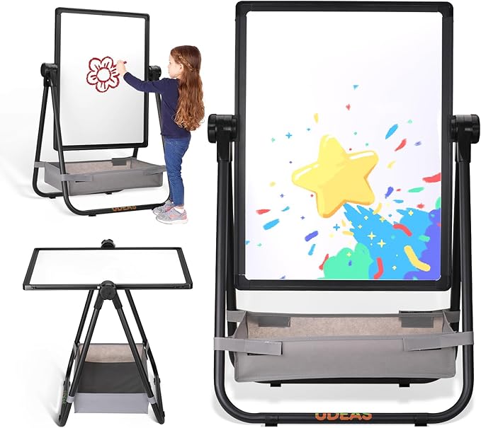 Easel for Kids, Adjustable Standing Toddler Easel Magnetic Whiteboard & Chalkboard with 27inch-44inch Height, Double Sided 360°Rotating Kids Art Easel for Toddlers for Boys and Girls 3+